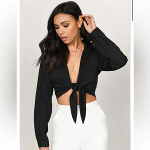 Tobi Black Every Time Tie Front Long Sleeve Crop Top, Women’s Size Medium